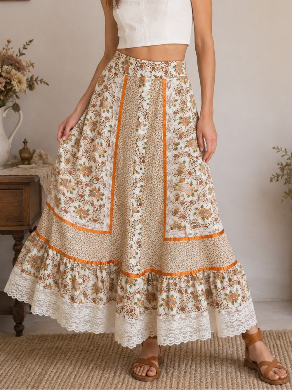 Vintage 70s Floral Prairie Maxi Skirt XS 24 Waist Cottagecore Boho
